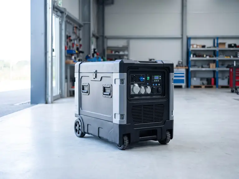 Portable industrial battery storage unit on a concrete floor