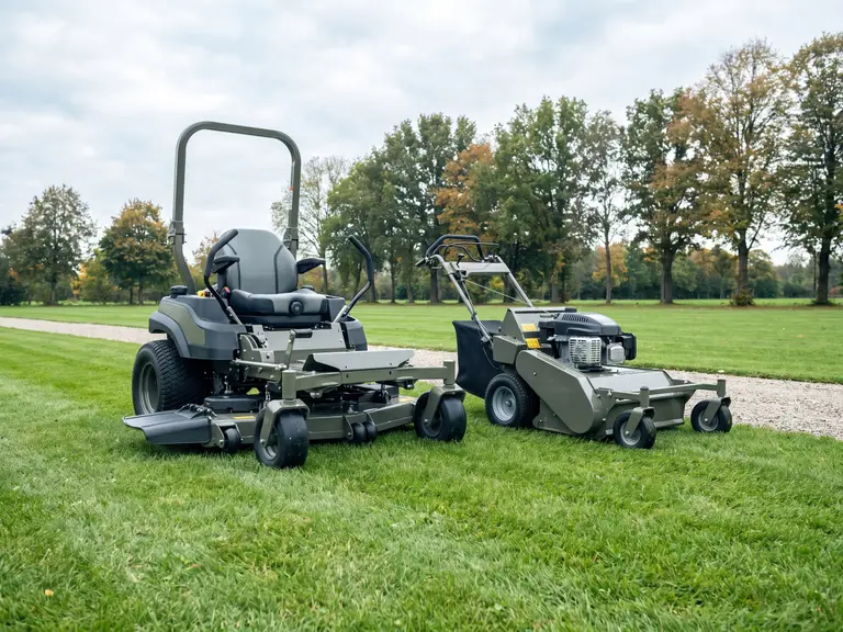 Zero-turn ride-on mower and walk-behind grounds maintenance equipment
