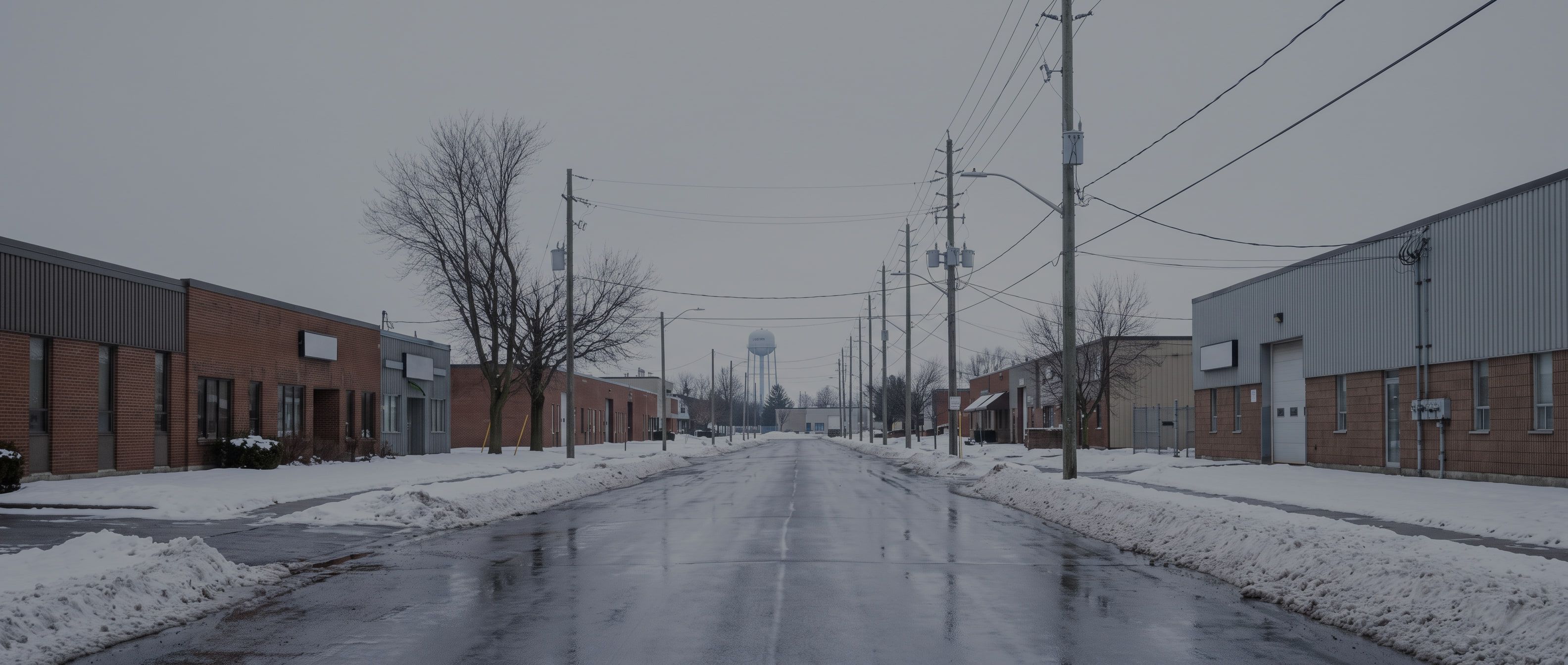 A Southern Ontario industrial streetscape on an overcast winter morning, low brick buildings and hydro poles along a wet road