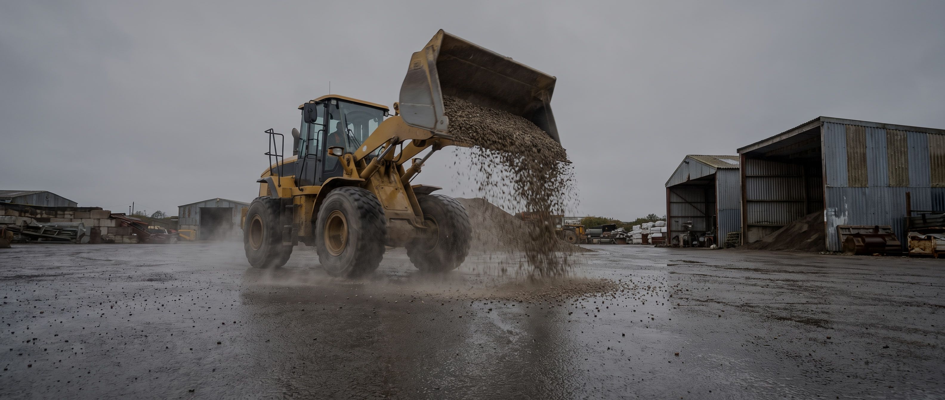 A wheel loader dumping a bucket of gravel in a wet equipment yard under heavy cloud, mid-motion with material scattering across the wet asphalt