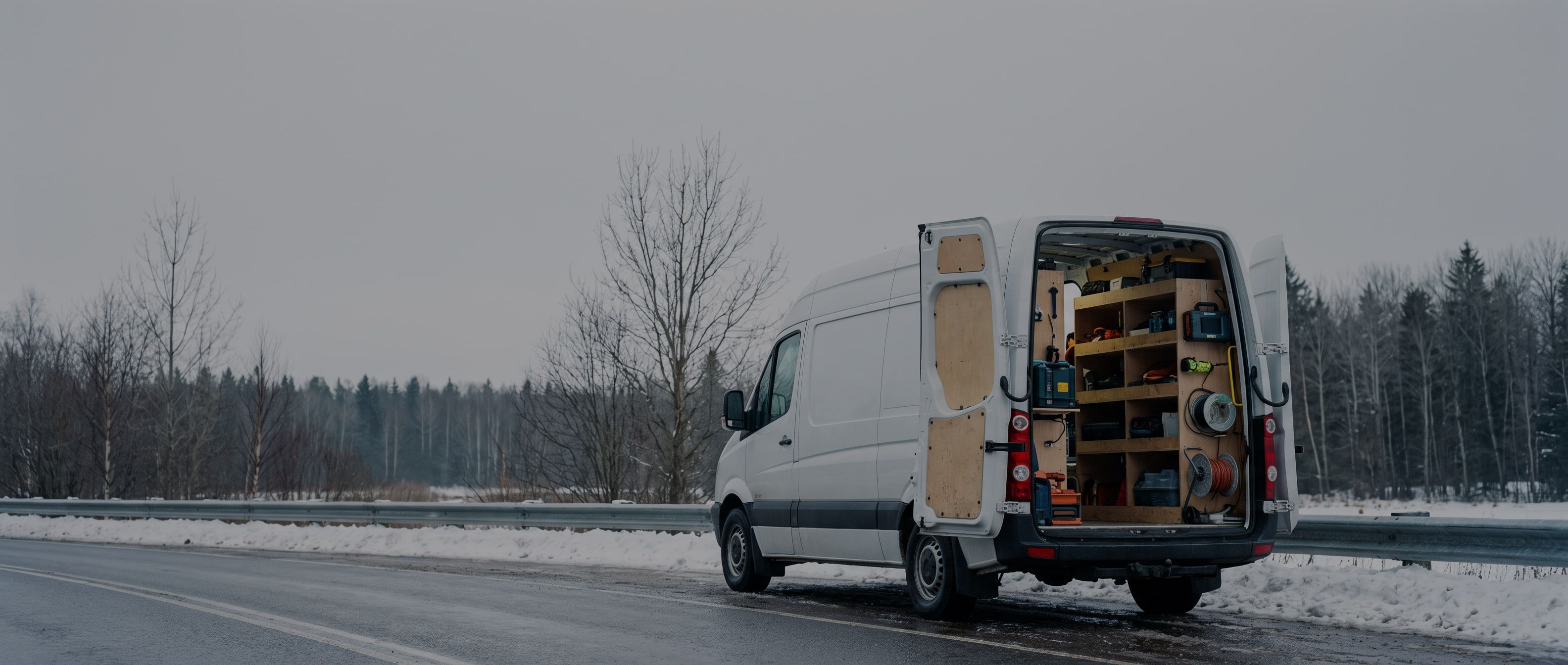 A white cargo van pulled onto a wet winter roadside beside a snow-banked guardrail, rear doors open on a fitted-out interior of shelving, power tools and cable reels