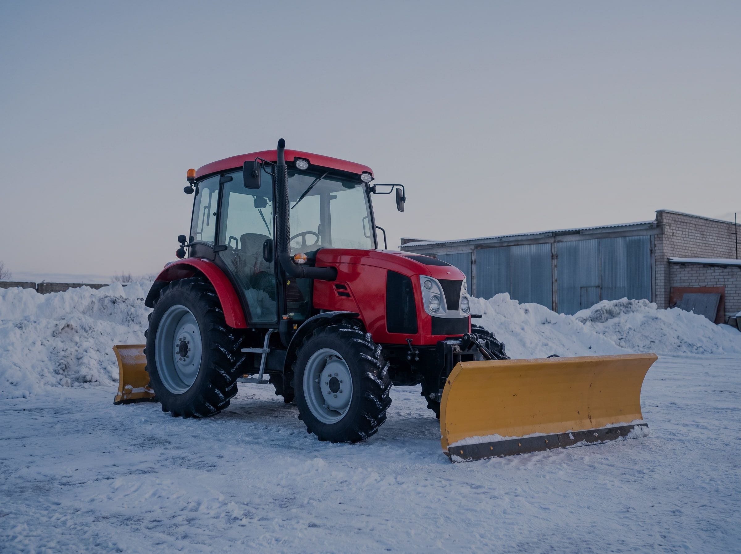 Red McCormick tractor with front loader and tire chains beside a snowbank